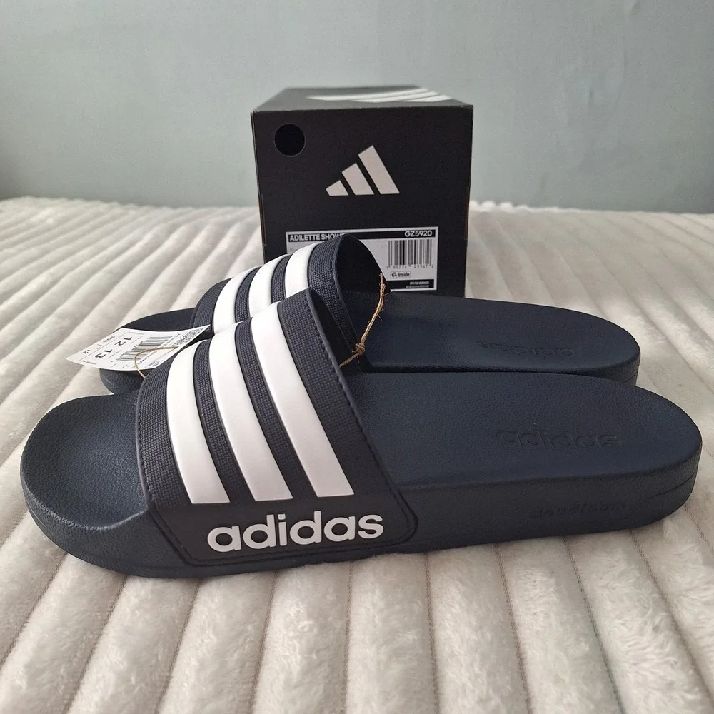 Adidas Mens Adilette Shower Slides Sandals 12 Navy Wht Striped Causal Athleisure